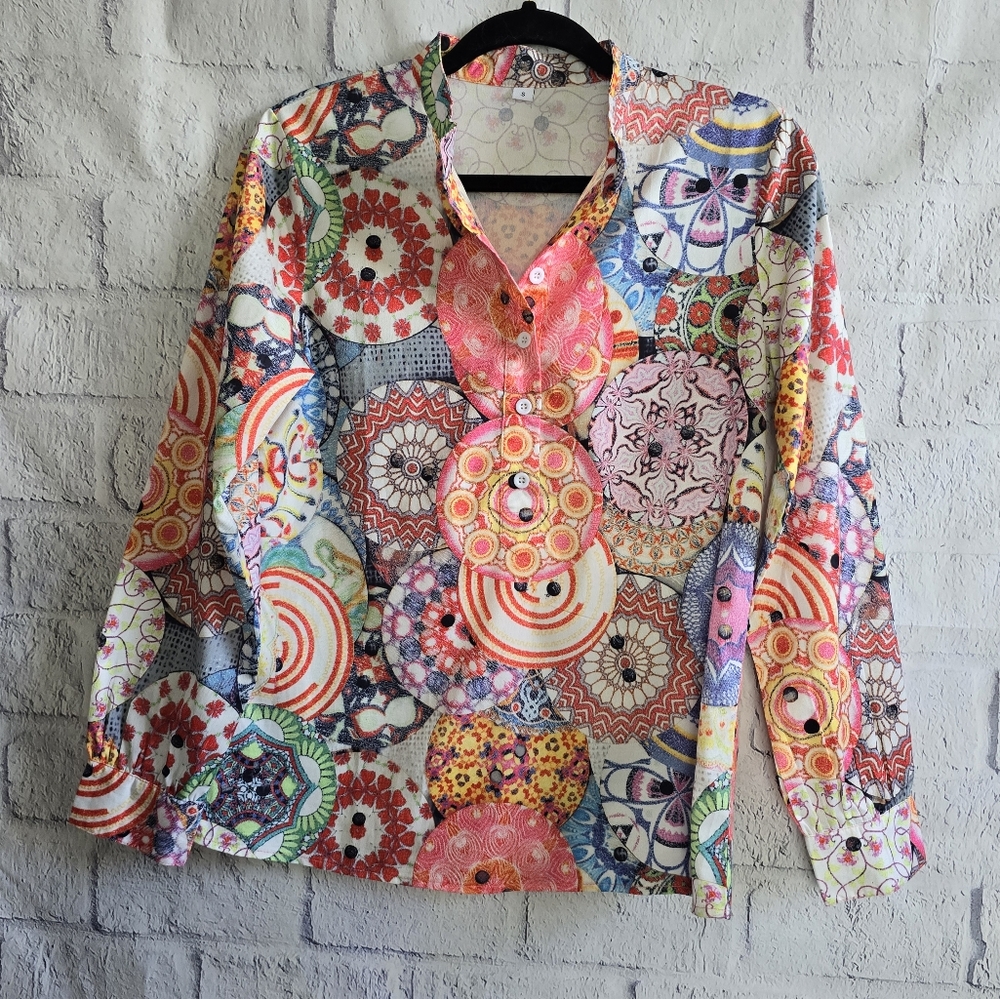 Colorful Boho Lightweight Unique Patterned Button Blouse‎ Small